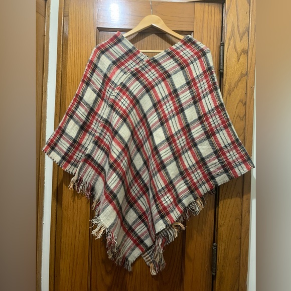 Tops - Plaid Fringe Poncho in Cream, Red & Black